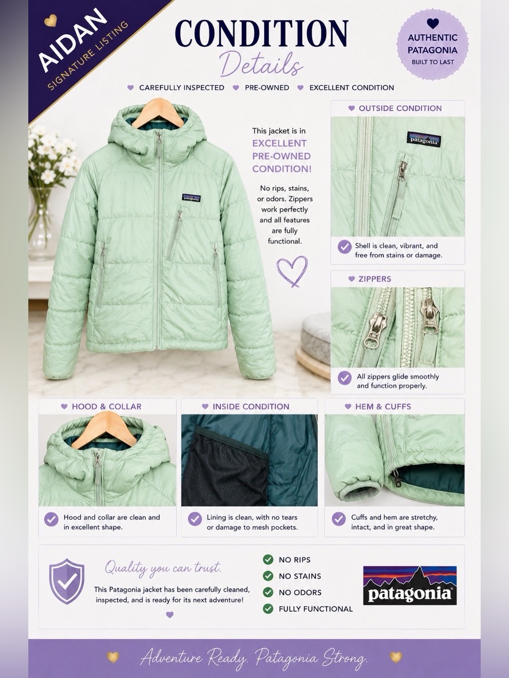 Patagonia Mint Green Hooded Insulated Puffer Jacket Full Zip Lightweight - Picture 3 of 3